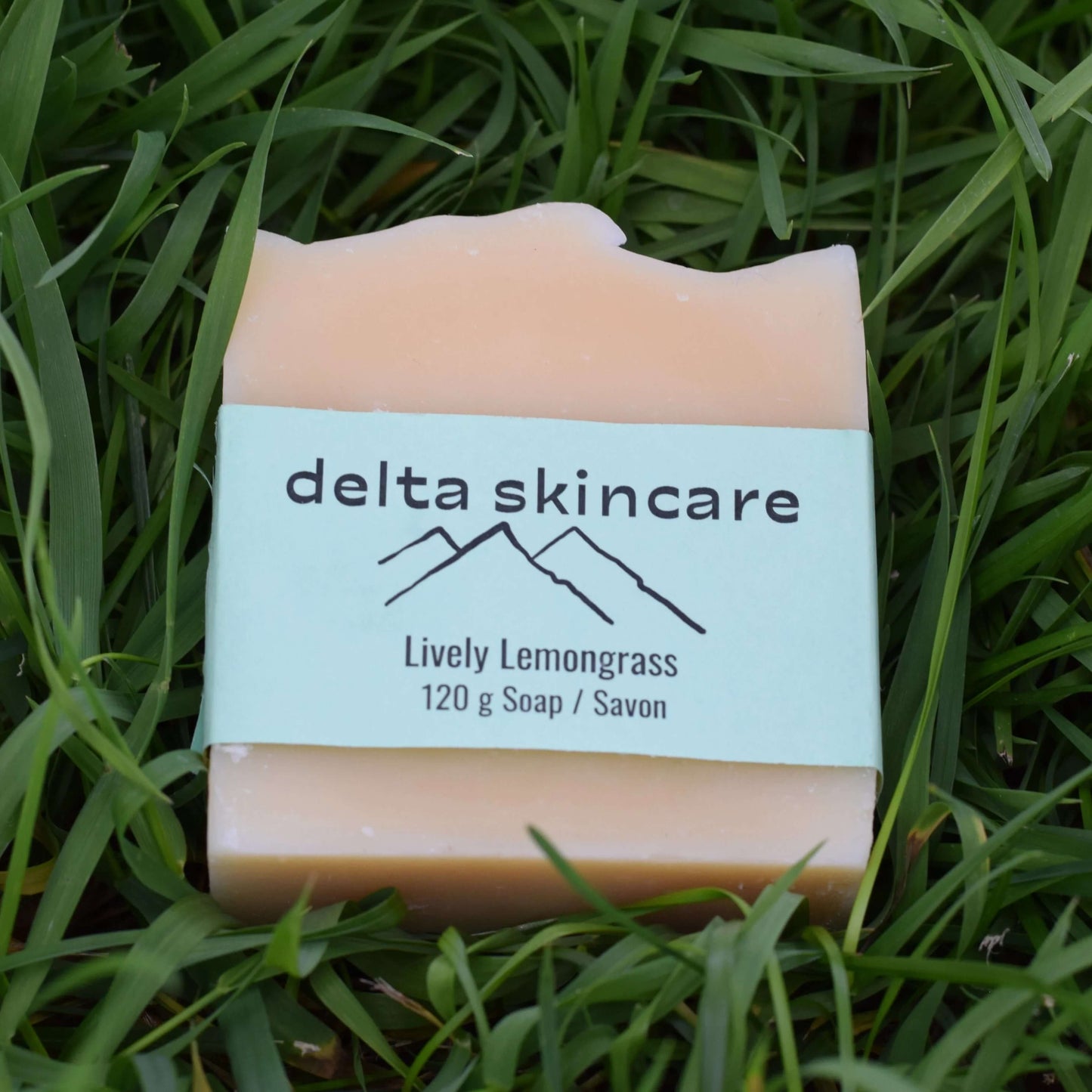 Bar of soap with a 'delta skincare' label on grass