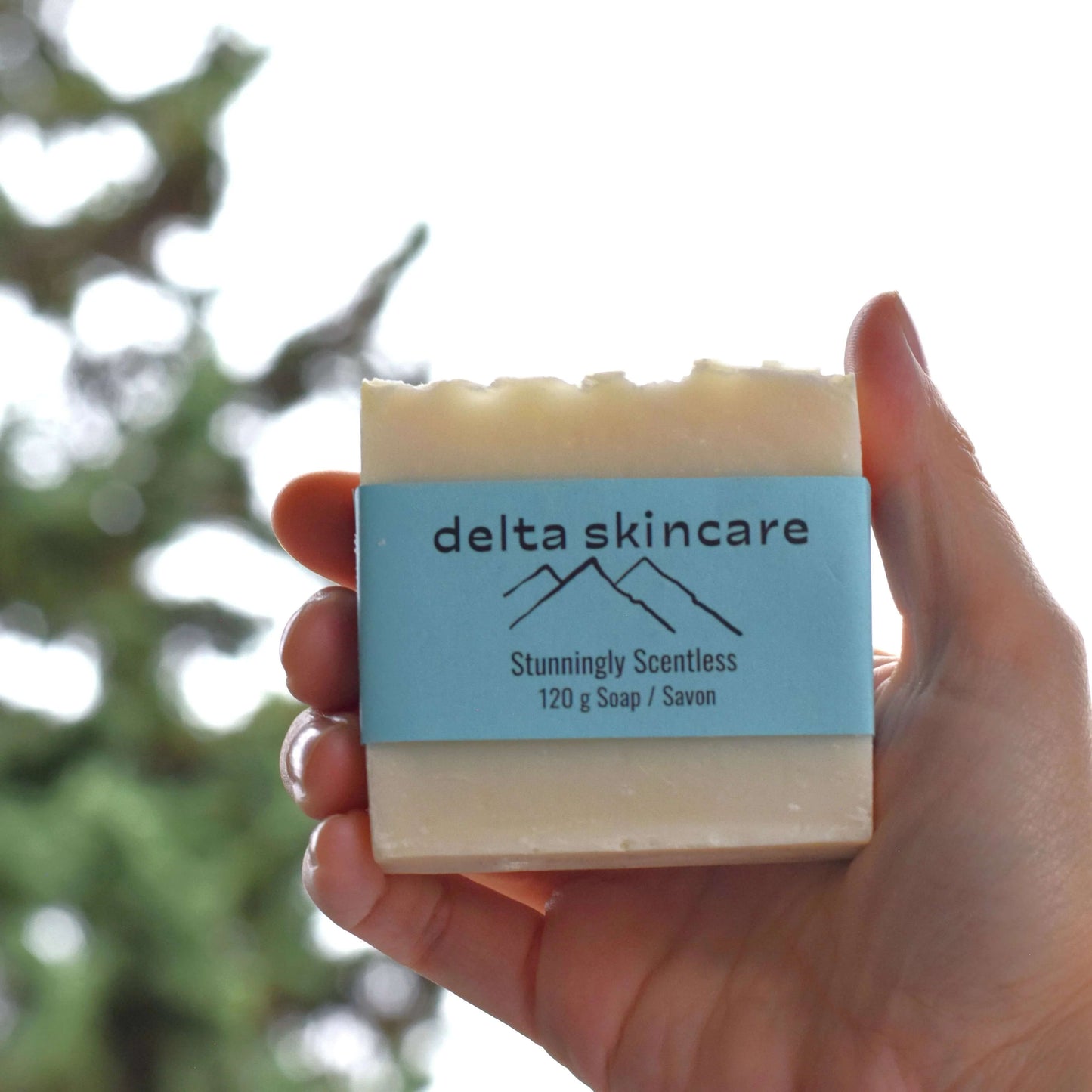 Hand holding a bar of soap with 'delta skincare' label against a blurred natural background