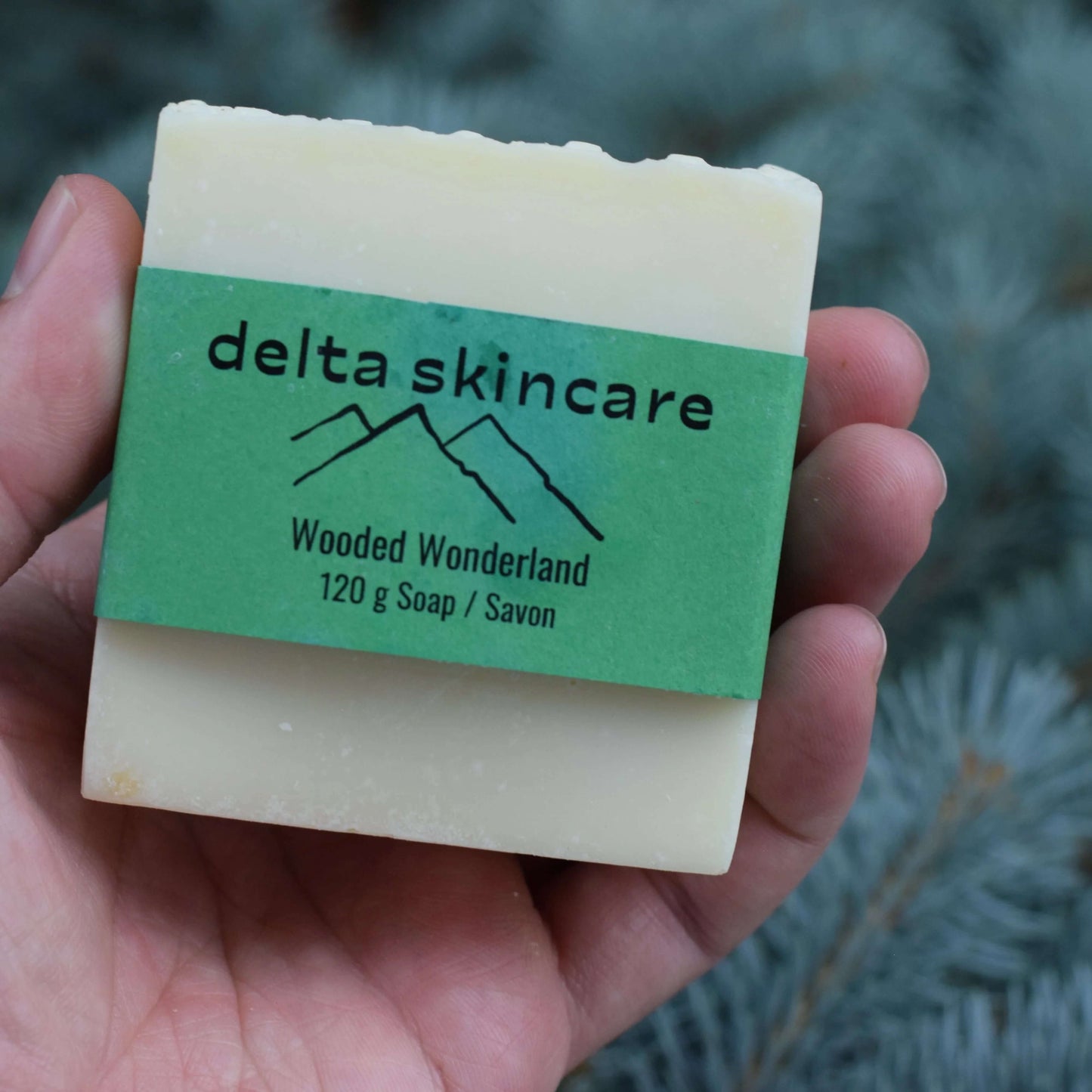 Hand holding a bar of soap with 'delta skincare' label against a blurred natural background