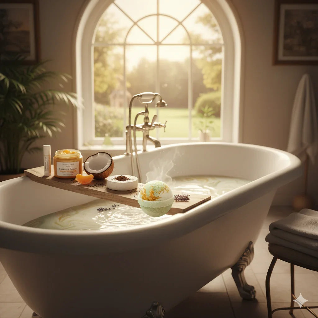 Luxury bath scene with bath bomb, coconut, skincare products on a tray by a sunlit window