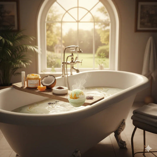 Luxury bath scene with bath bomb, coconut, skincare products on a tray by a sunlit window